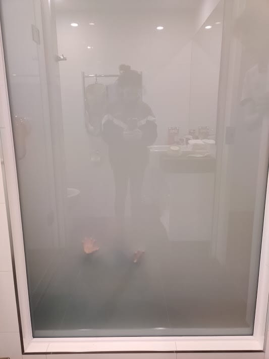 Opaque window wall between bedroom and bathroom at Devon Hotel, New Plymouth, Taranaki, New Zealand