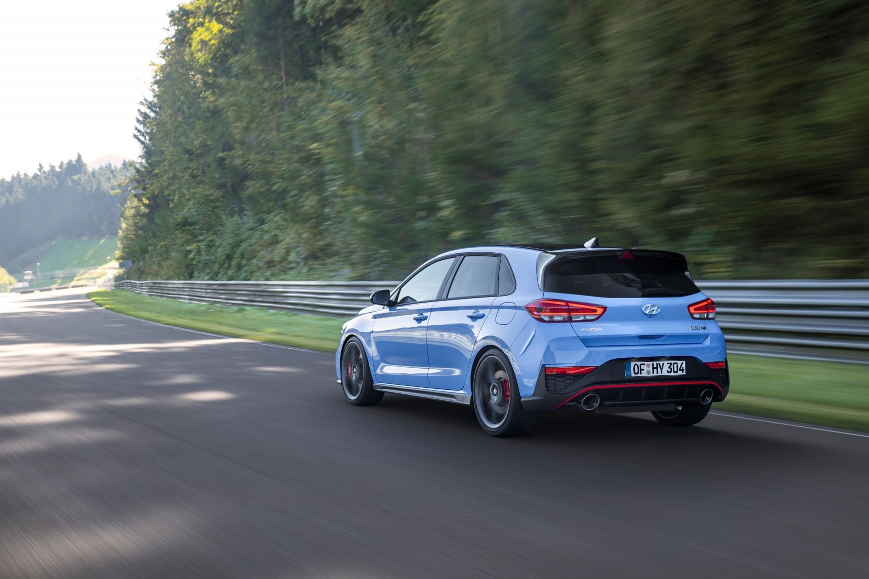 A rear shot of the Hundai i30N in blue