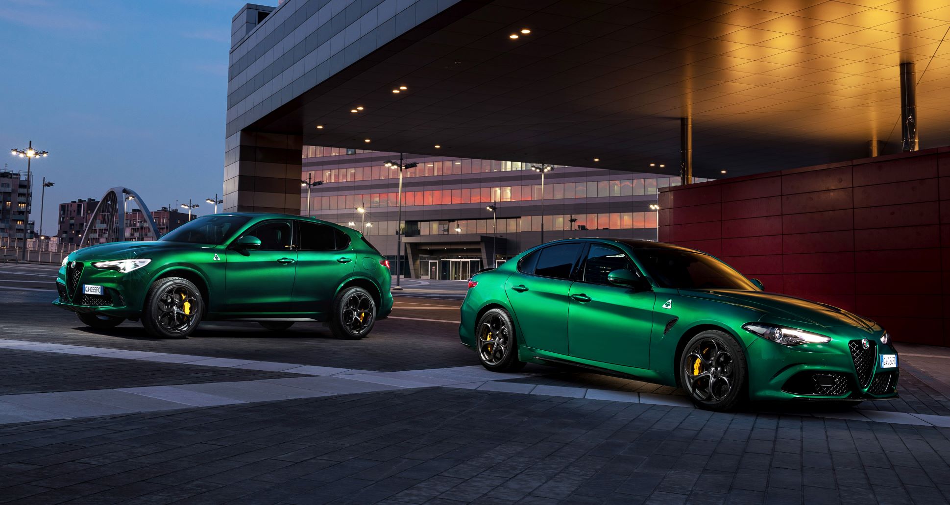 Alfa Romeo's Giulia QV and Stelvio QV in green.