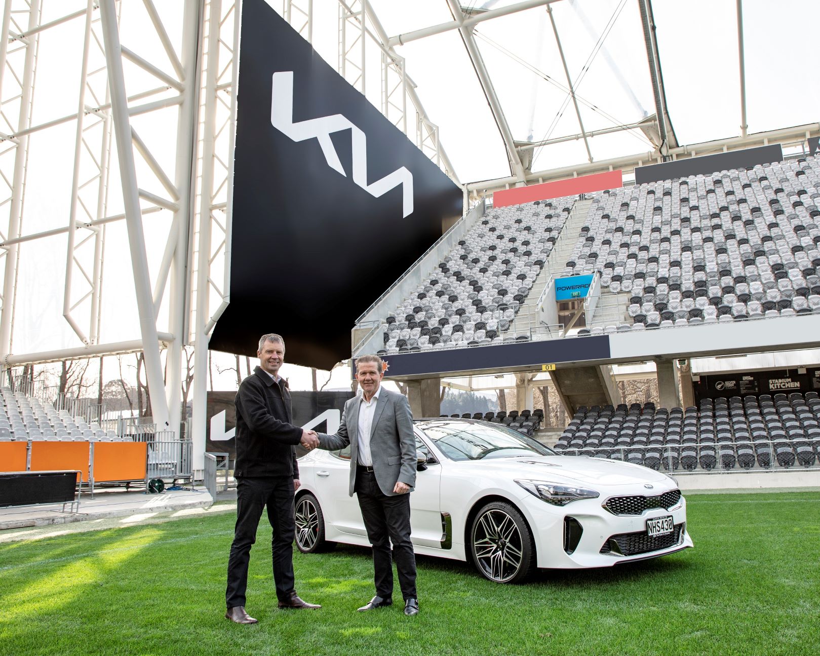 Kia's new banner at Forsyth Barr Stadium, Dunedin