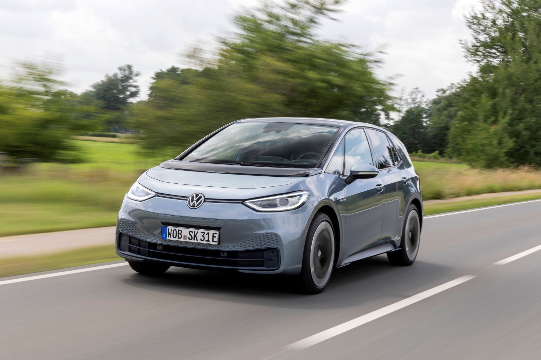 Rolling shot of the Volkswagen ID3 EV in grey
