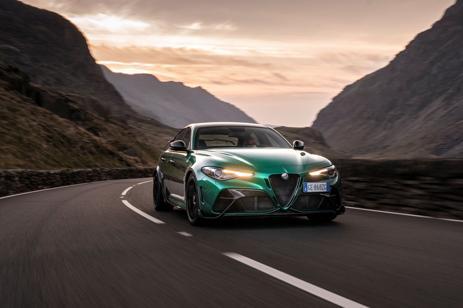 Front view of the Alfa Romeo Giulia GTAm in Montreal Green
