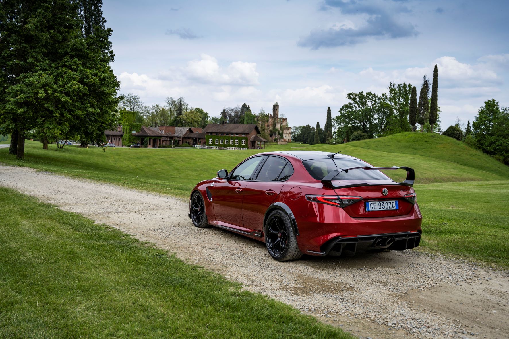 Rear three quarters view of the Alfa Romeo Giulia GTAm in Etna Red