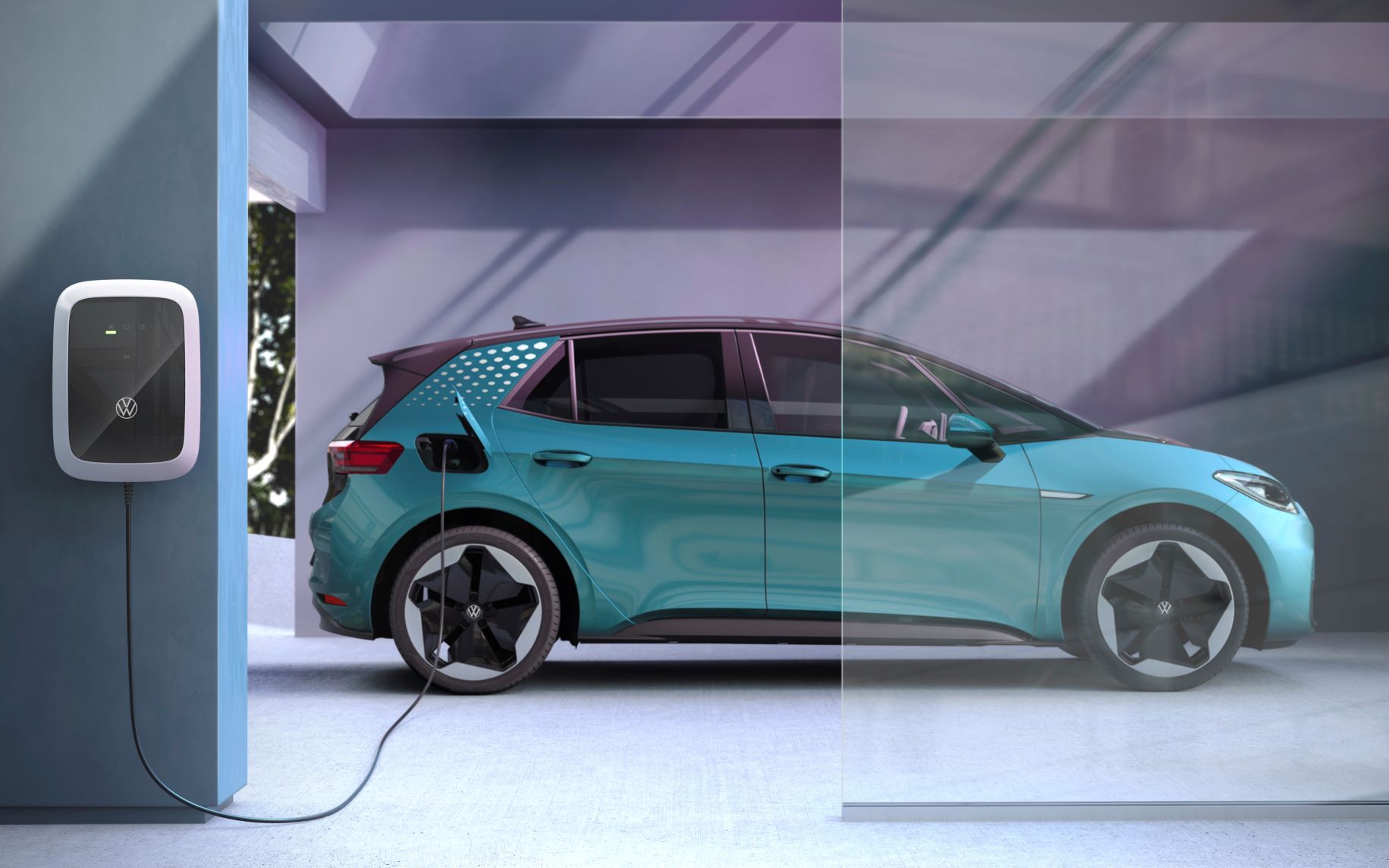 A blue/green Volkswagen ID3 EV charging