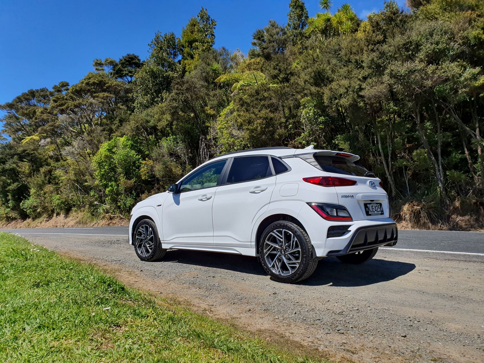 Rear three quarter view of the 2021 Hyundai Kona N-Line