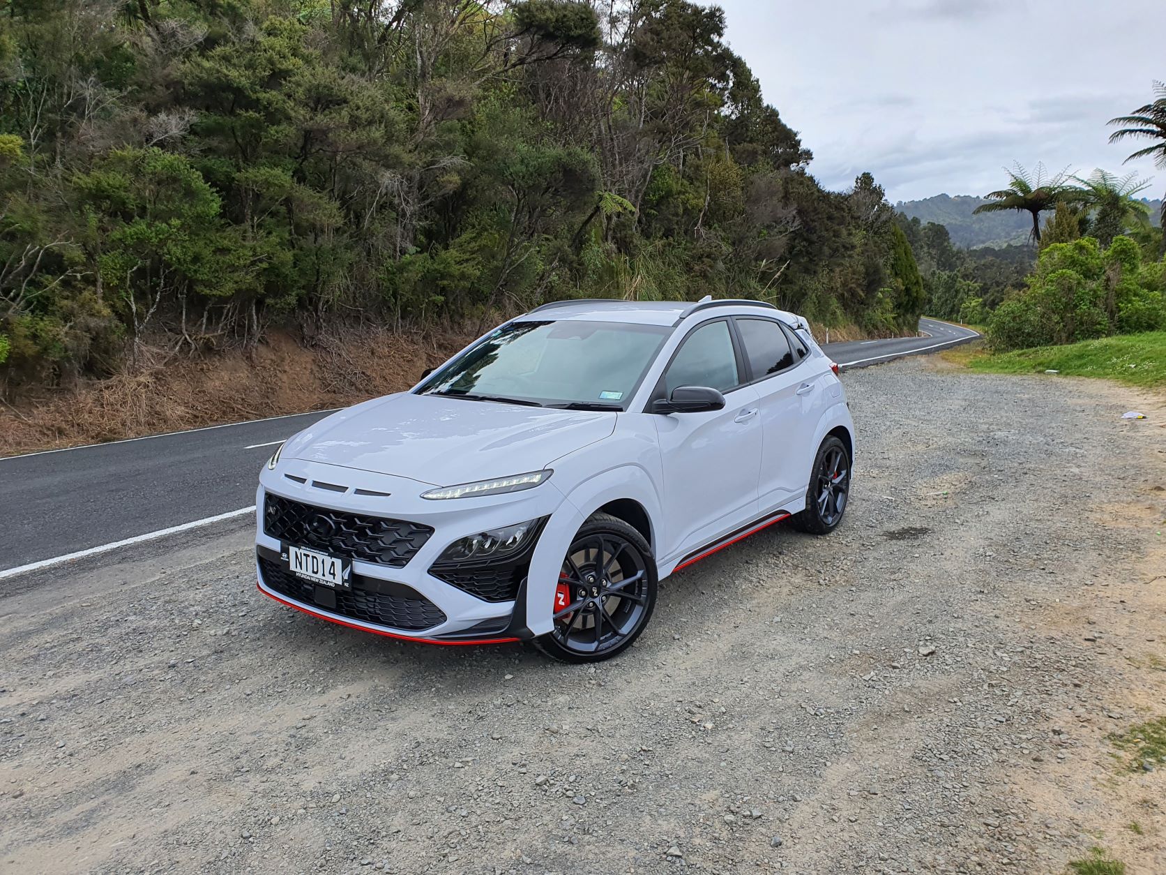 Front three quarters view of the 2021 Hyundai Kona N