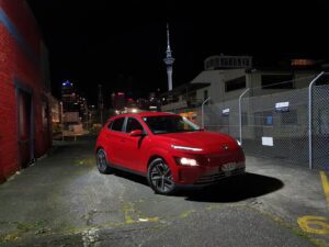 Front three quarters view of the new Hyundai Kona EV Series 2