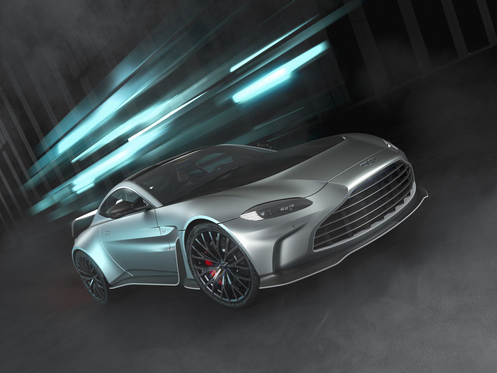 Front three quarters view of the new Aston Martin V12 Vantage