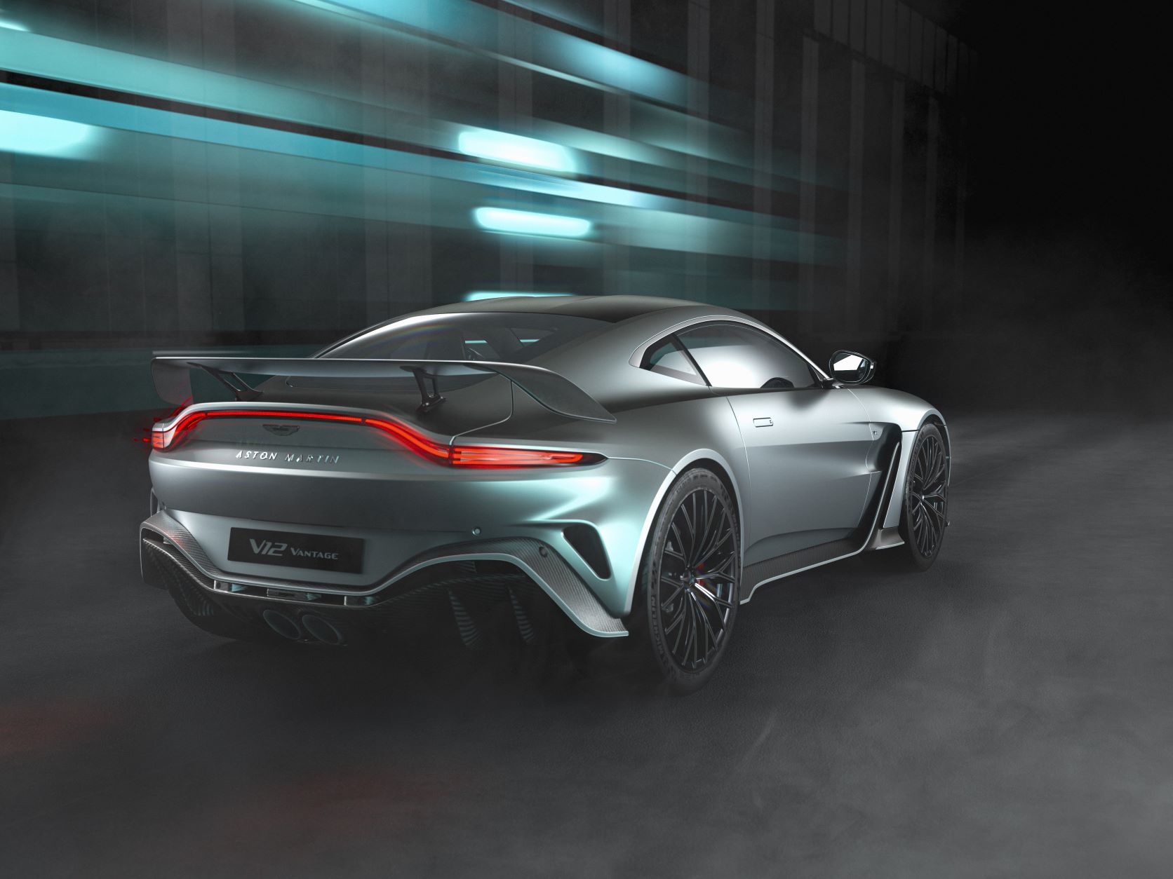 Rear three quarters view of the new Aston Martin V12 Vantage