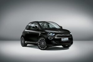 Front three quarters view of the new Fiat 500 La Prima by Bocelli