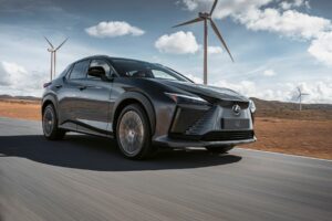 Front three quarters view of a new Lexus RZ 450e EV in grey