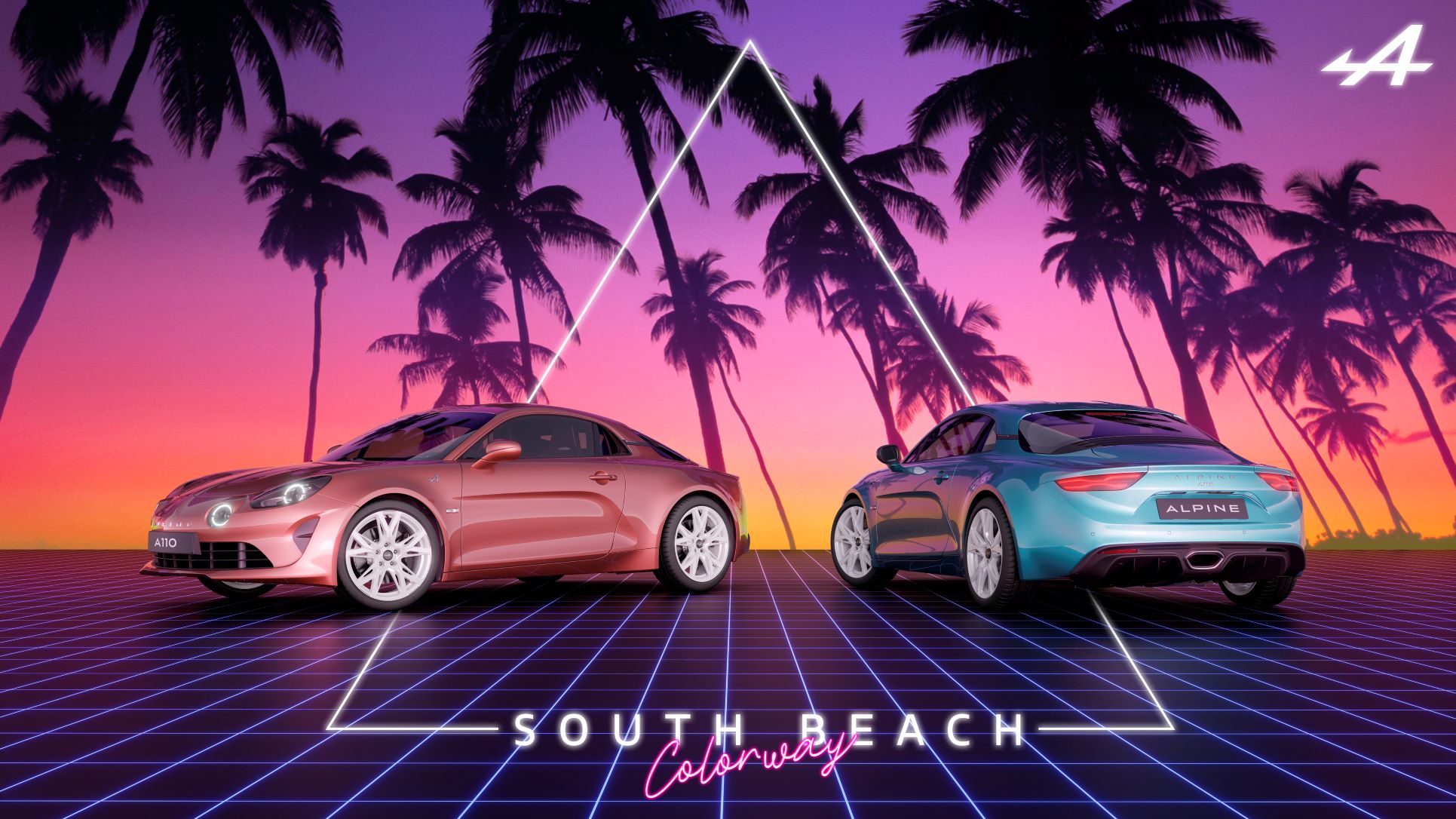 Two Alpine A110S' on a Miami Vice style fluoro background