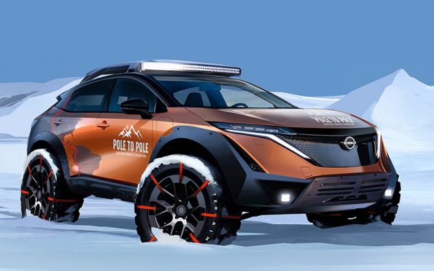 Front three quarters view of the Nissan Ariya EV to take on the Pole to Pole journey