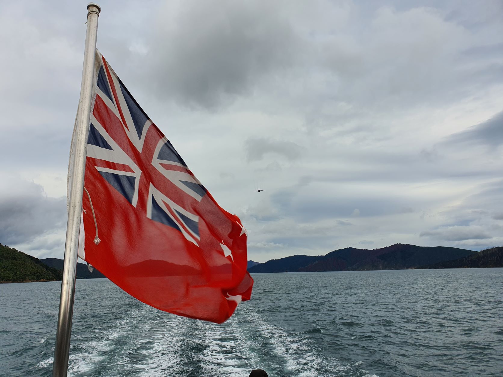 View out of the rear of the ferry on the Marlborough Sounds