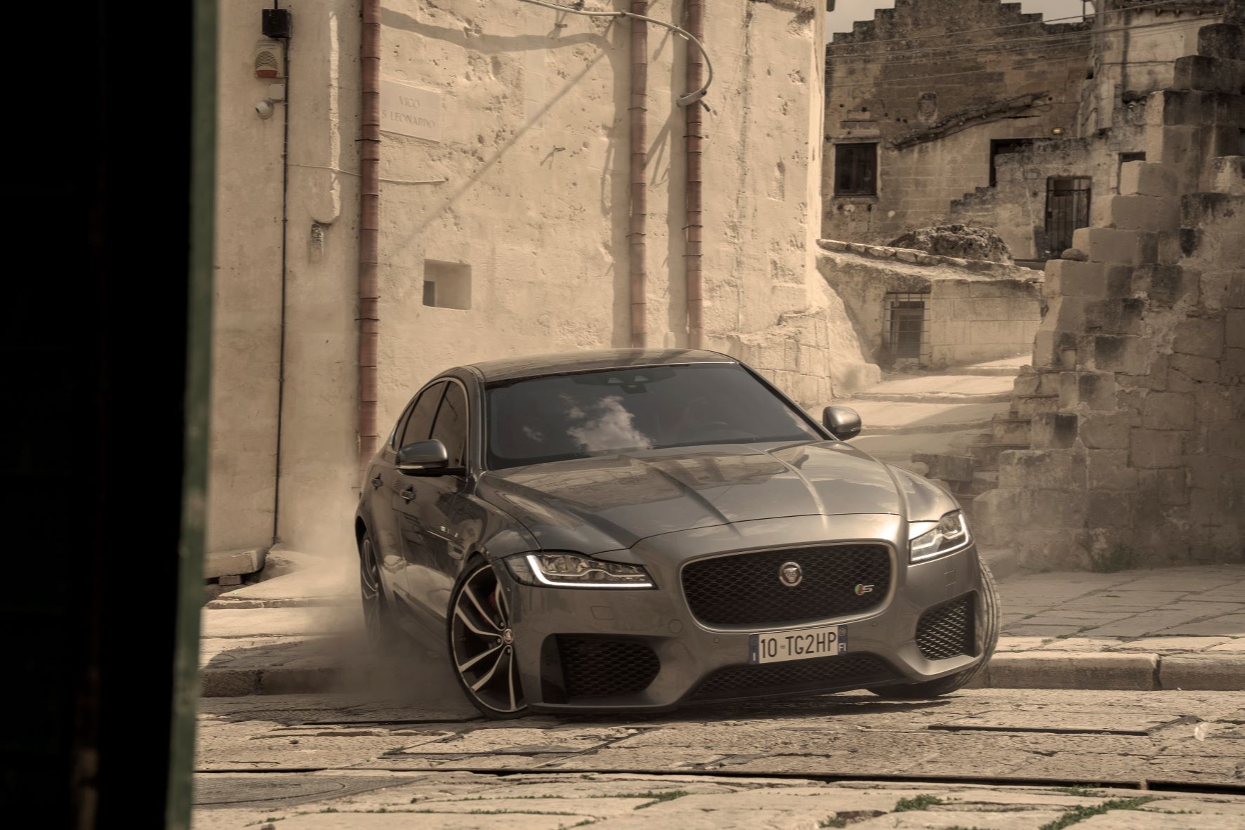 A Jaguar XF used in the filming of 007: No Time To Die
