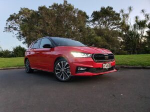 Front three quarters view of a Skoda Fabia Montecarlo in Red