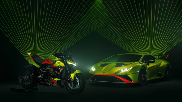 A Ducati Streetfighter V4 Lamborghini in green and a Lamborghini Huracan STO in green