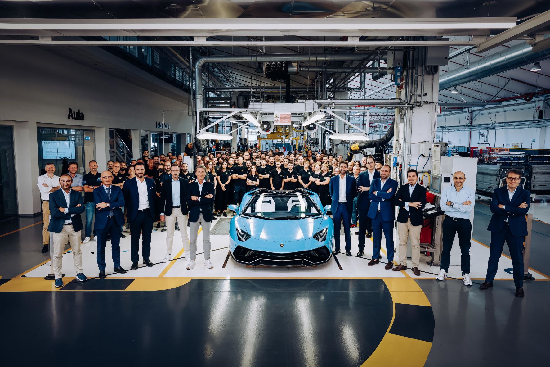 The last Lamborghini Aventador leaving the factory in Sant'Agata, Bologna