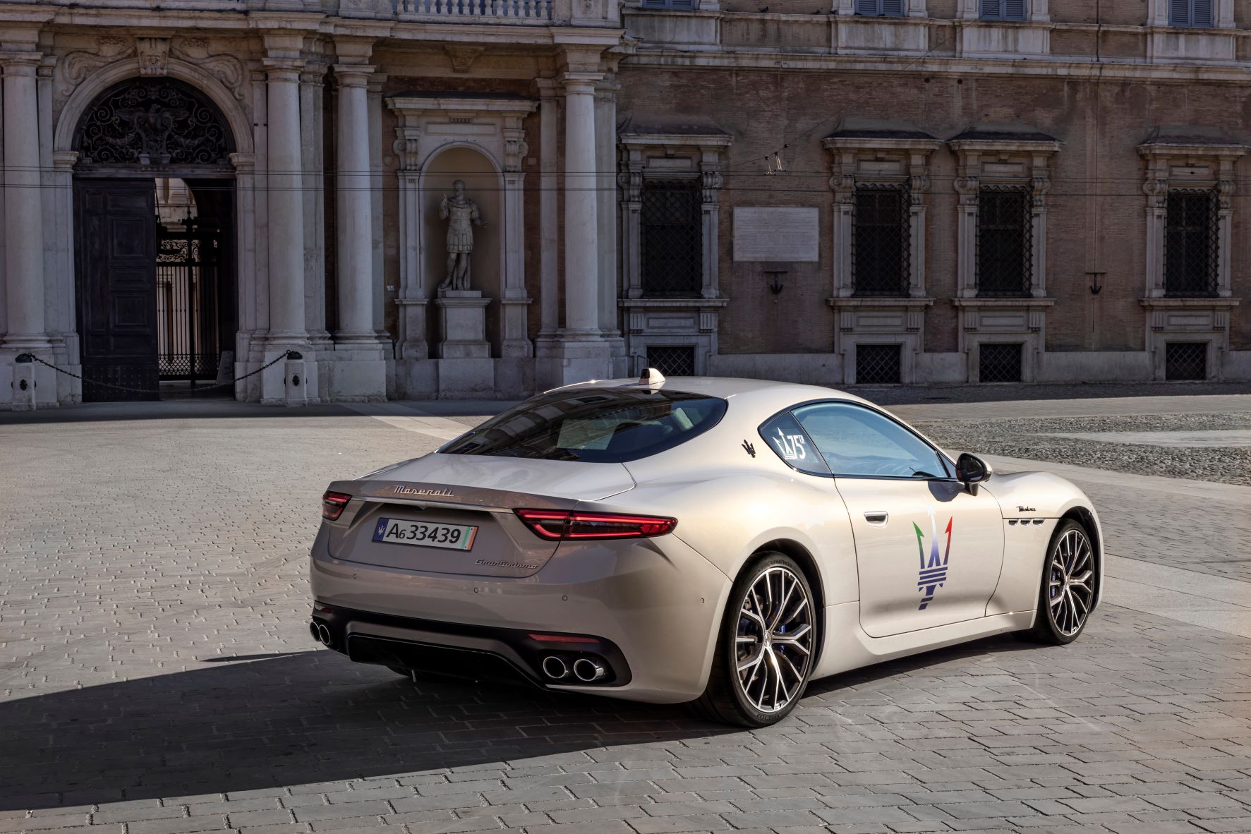 Rear three quarters view of the new Maserati GranTurismo in white