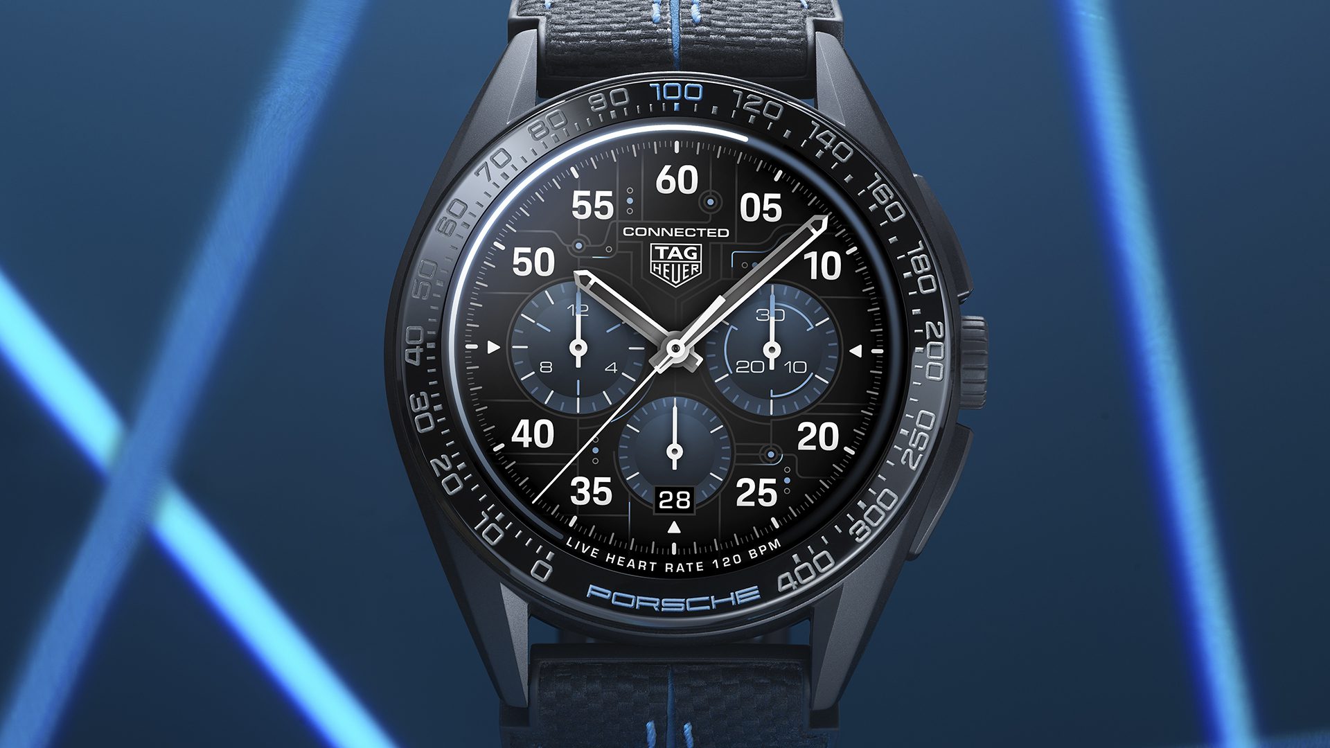 Front facing shot of the Tag Heuer Connected Calibre E4 Porsche Edition