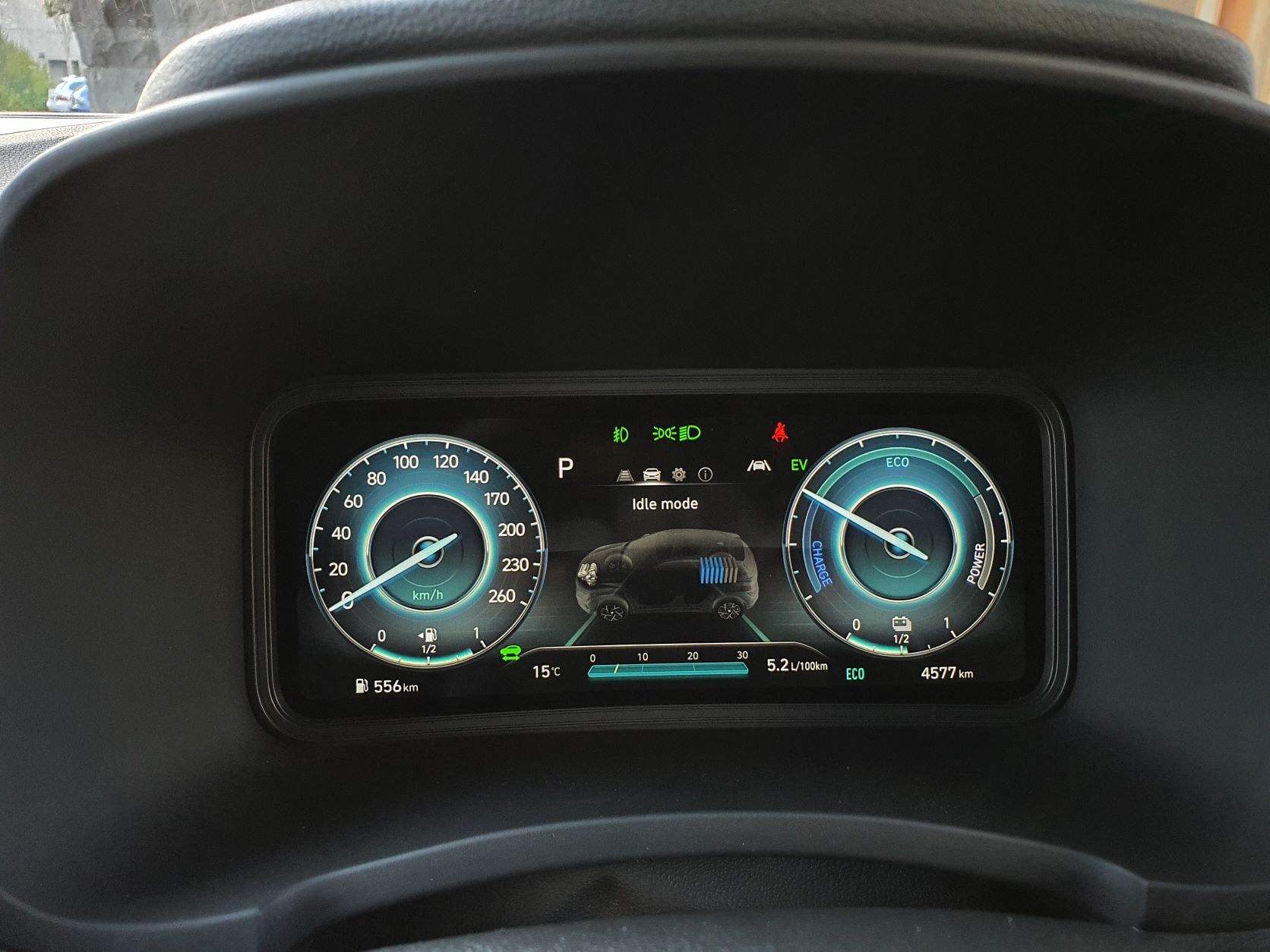 Instrument cluster view on the 2022 Hyundai Kona Hybrid
