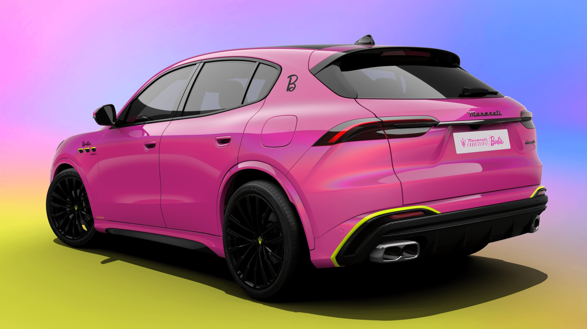 Rear three quarters view of the one-off Maserati Grecale Barbie in pink