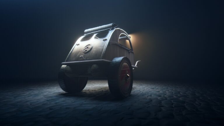Front three quarters view of the Citroen 2CV inspired chariot to be featured in the Asterix film.