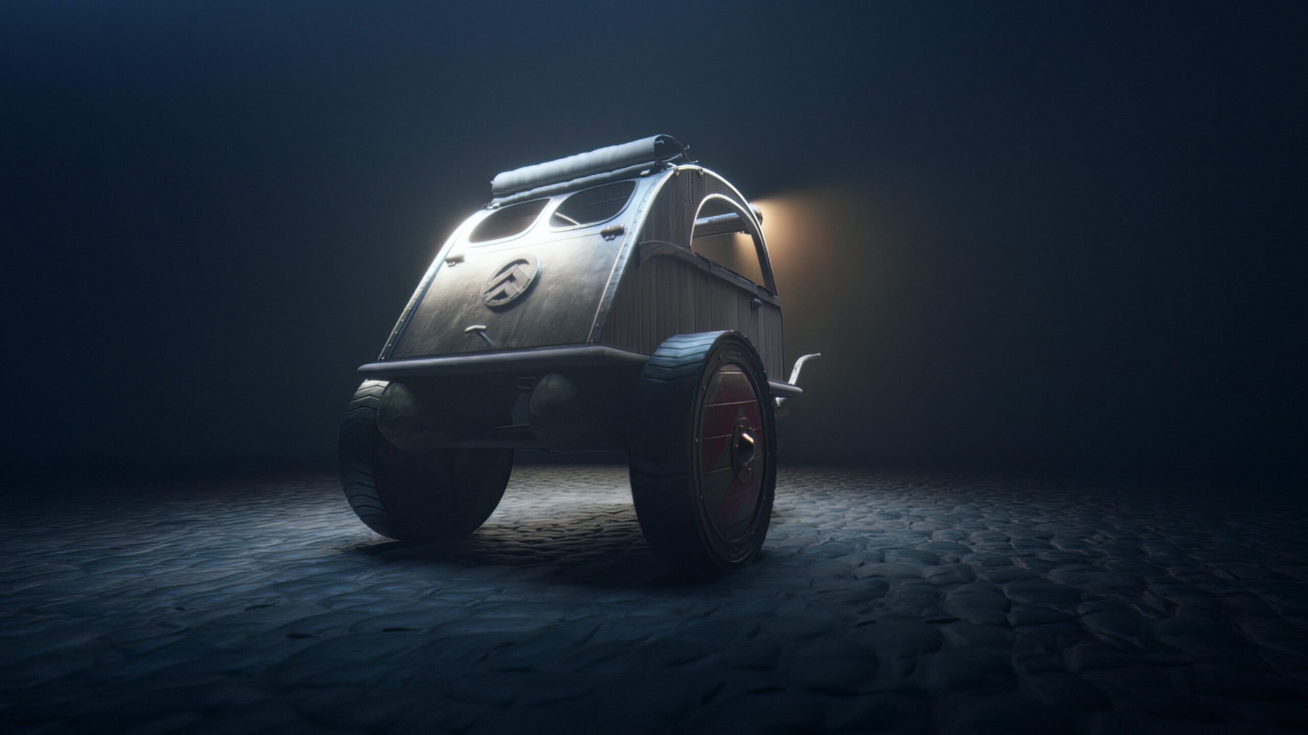 Front three quarters view of the Citroen 2CV inspired chariot to be featured in the Asterix film.