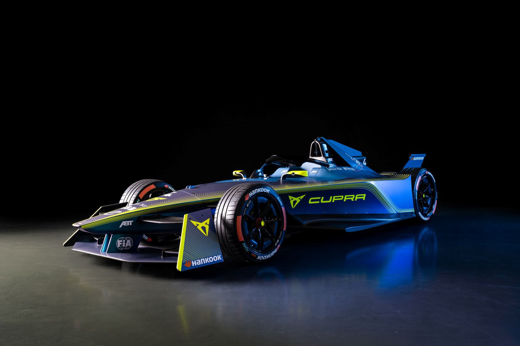 Front three quarters view of the ABT Cupra Formula E racecar.