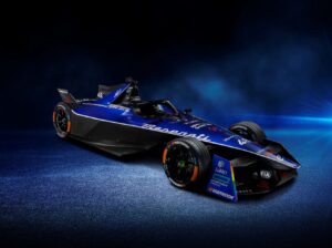 Front three quarters view of the Maserati Formula E racecar.