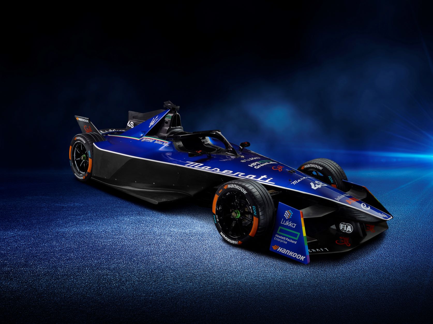 Front three quarters view of the Maserati Formula E racecar.