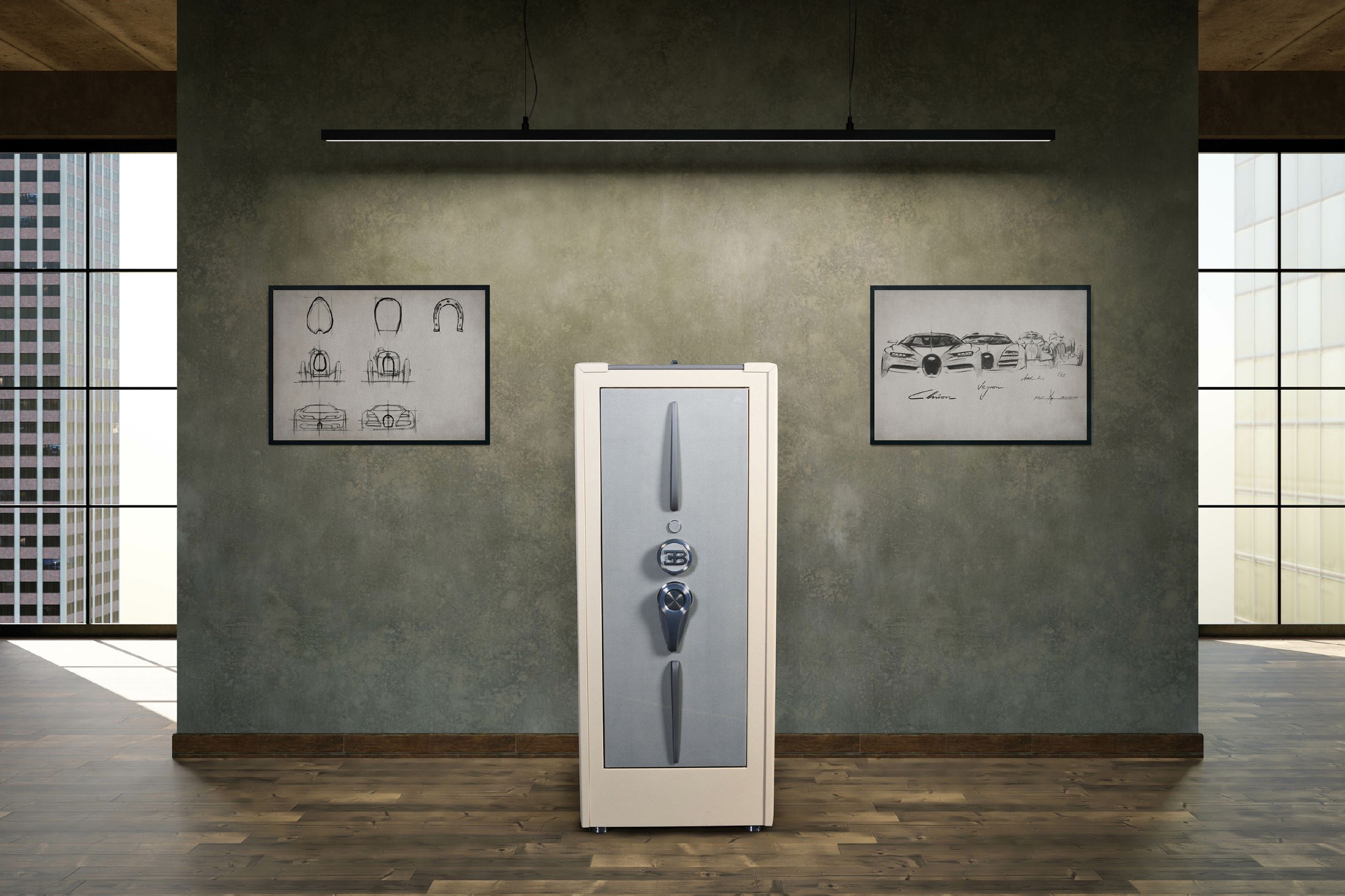 A Buben&Zorweg Bugatti 'Hyper Light' Hyper Safe in front a wall full of Bugatti art.