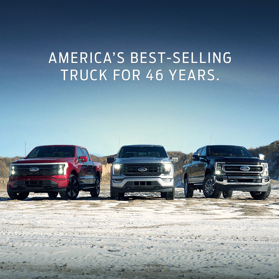 A photo of three Ford F-Series trucks lined up together