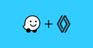 Renault and Waze logos pictures together on a blue background.