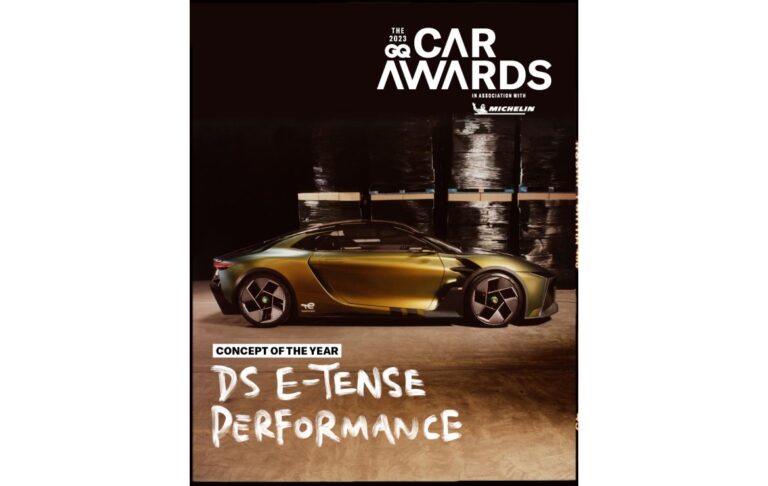 A promotional photo from DS of the new DS E-Tense Performance concept winning a GQ concept car award.