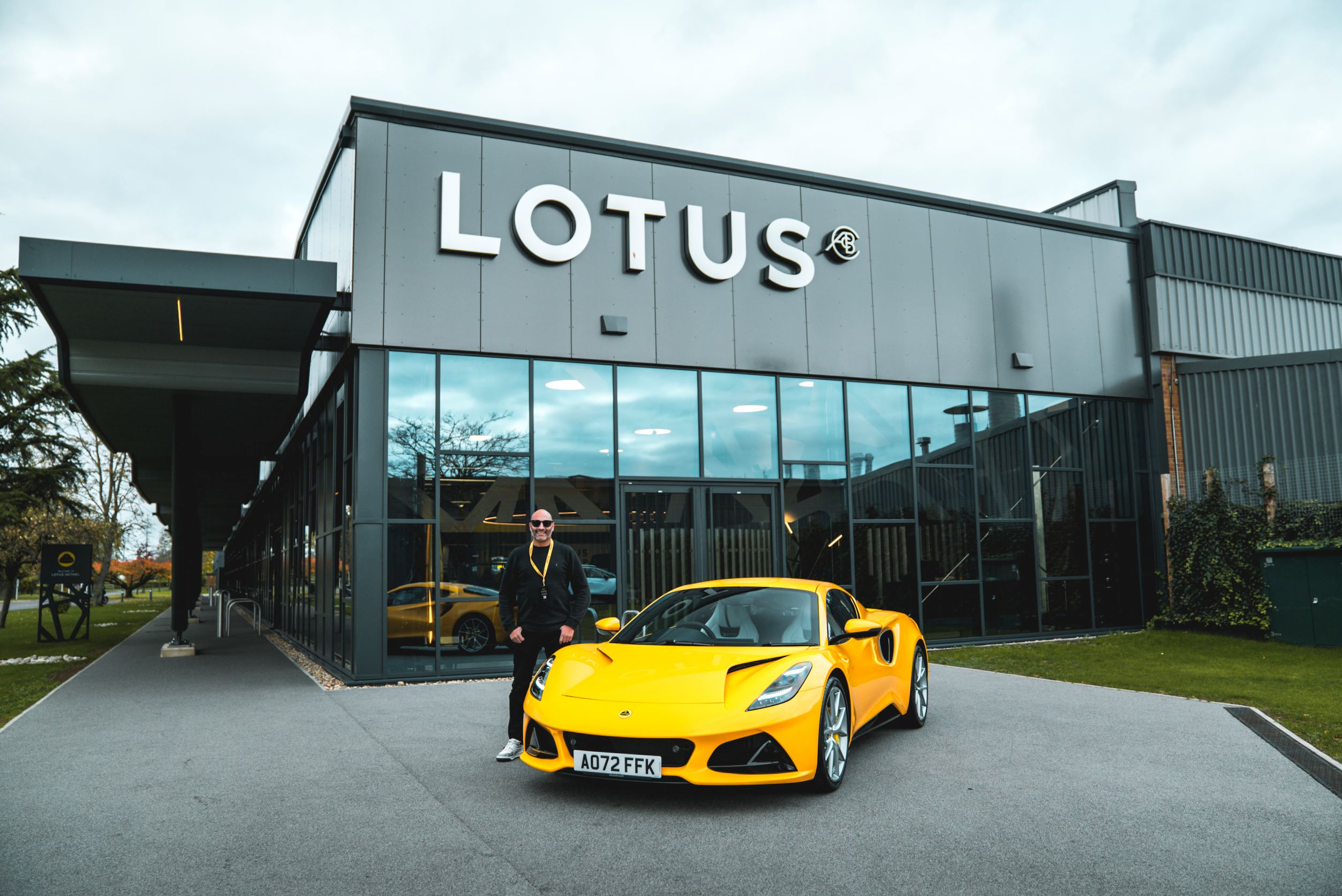 Shaan Kodituwakku collecting his Hethel Yellow Lotus Emira from Lotus HQ in Hethel.