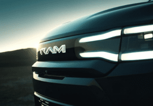 Front three quarters view of the grille on the new RAM 1500 REV electric truck.