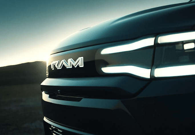 Front three quarters view of the grille on the new RAM 1500 REV electric truck.