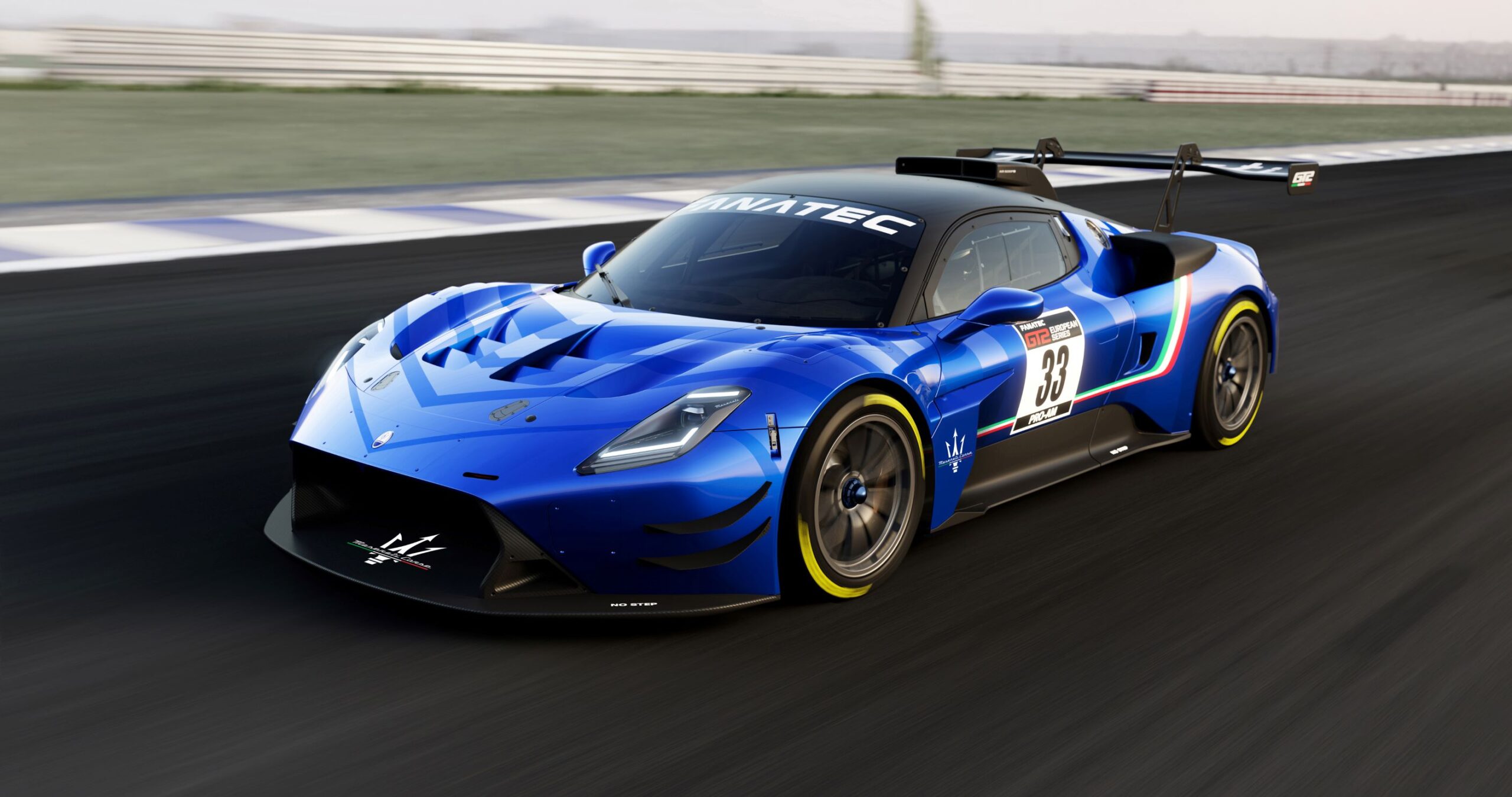 Front three quarters view of the Maserati GT2 racecar in blue