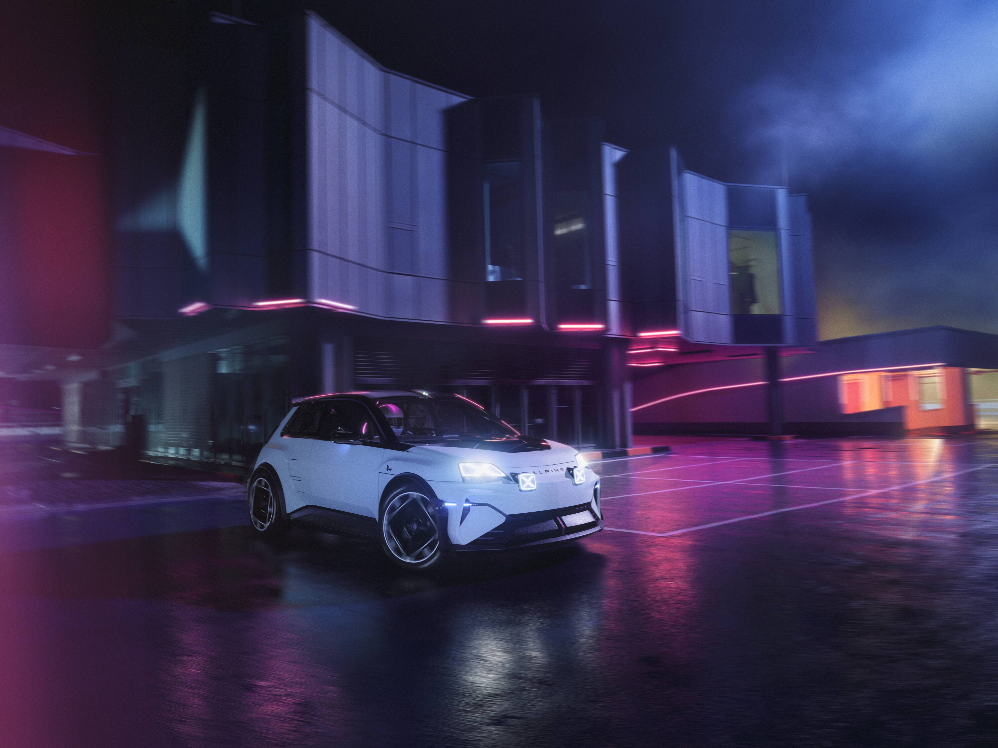 Front three quarters view of the new Alpine A290_B electric hot hatch in white with a black roof.