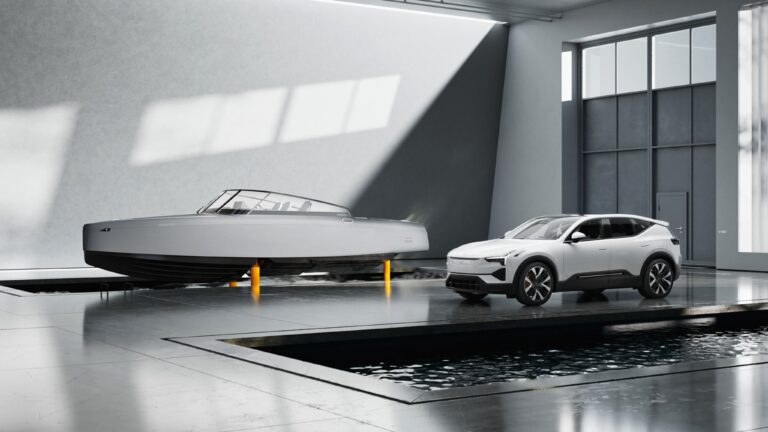 A Polestar car pictured with the Candela C-8 Polestar edition