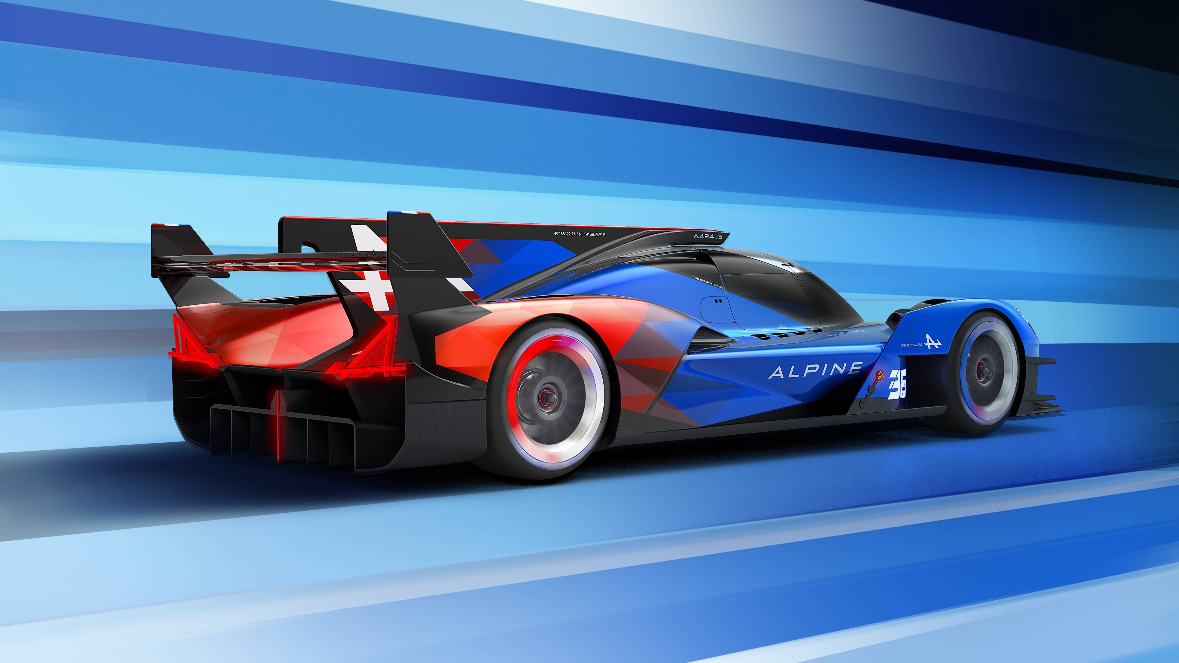 Rear three quarters view of the Alpine A424_B WEC racecar
