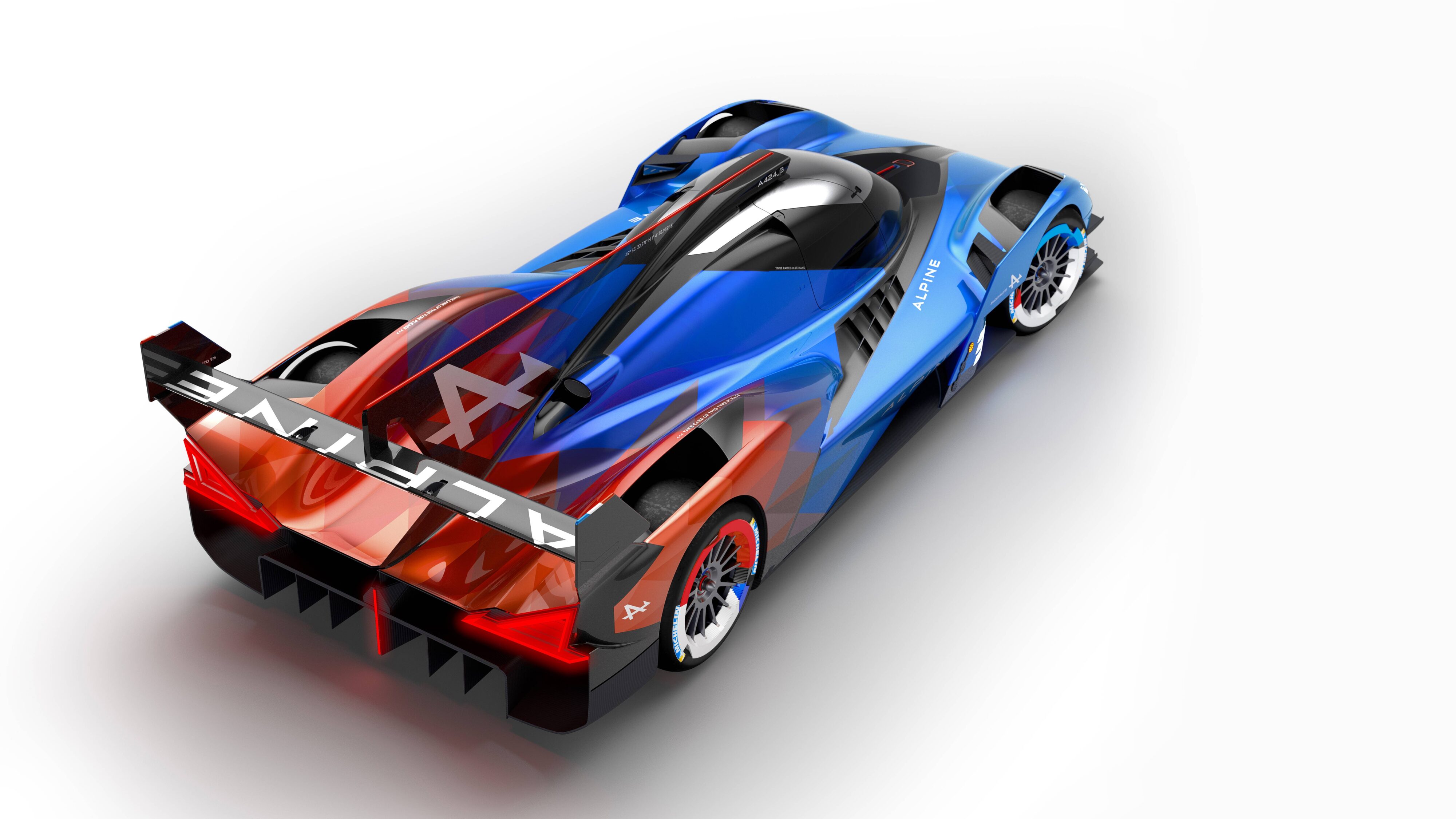 Rear overhead view of the Alpine A424_B WEC racecar