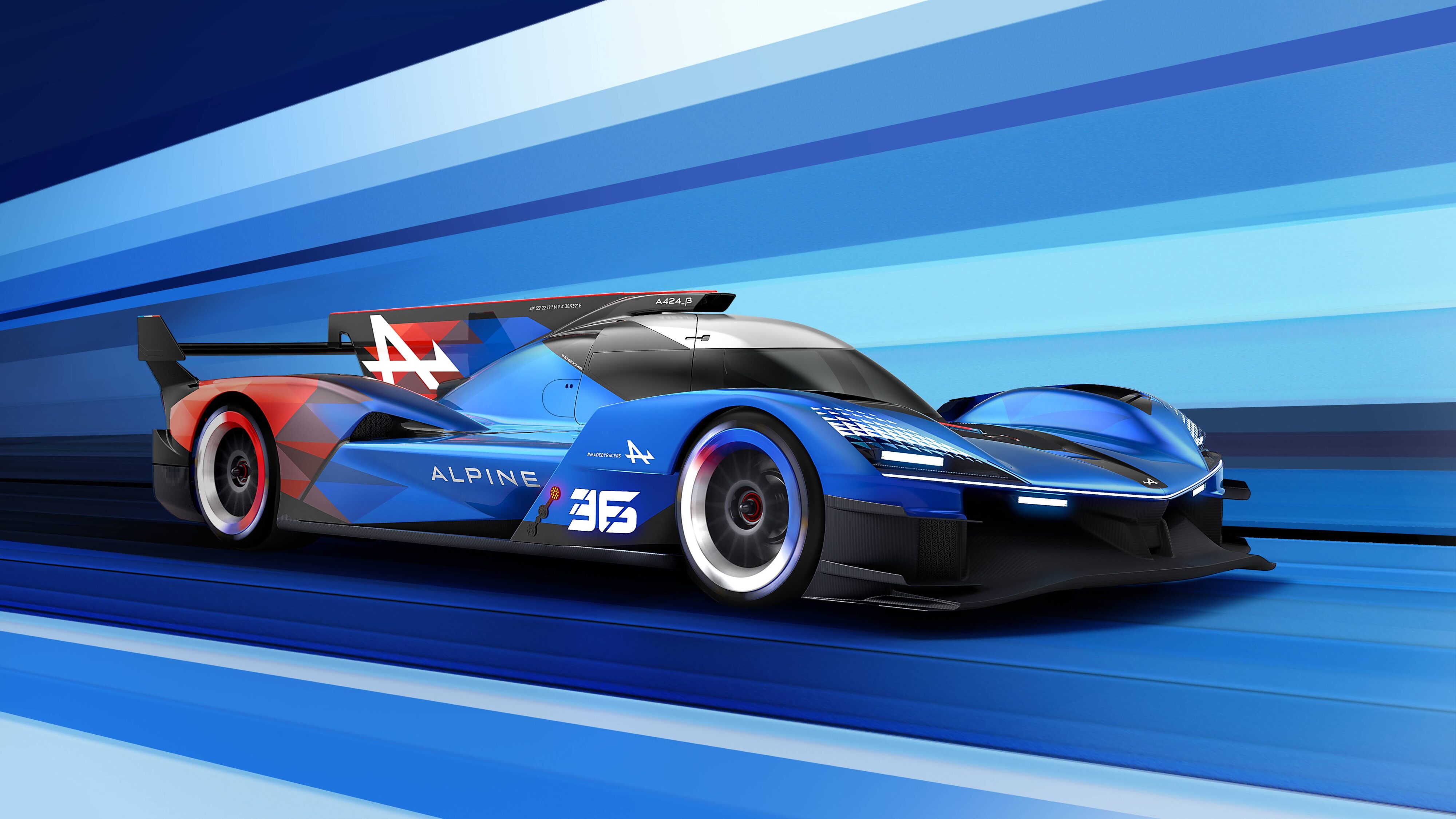 A graphic of the Alpine A424_B hypercar racecar