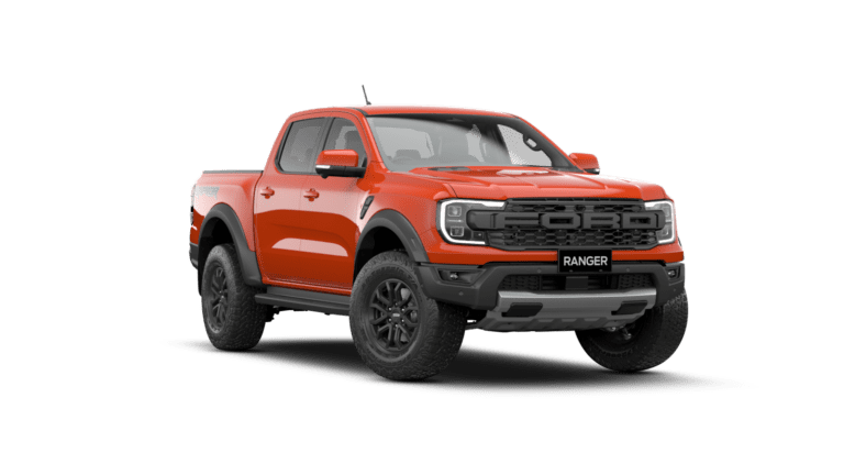 Front three quarters view of a Ford Ranger Raptor BiTurbo diesel in orange