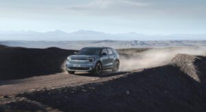 A zoomed out shot of the new Ford Explorer EV as part of promotions for the new Indiana Jones film.