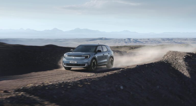 A zoomed out shot of the new Ford Explorer EV as part of promotions for the new Indiana Jones film.