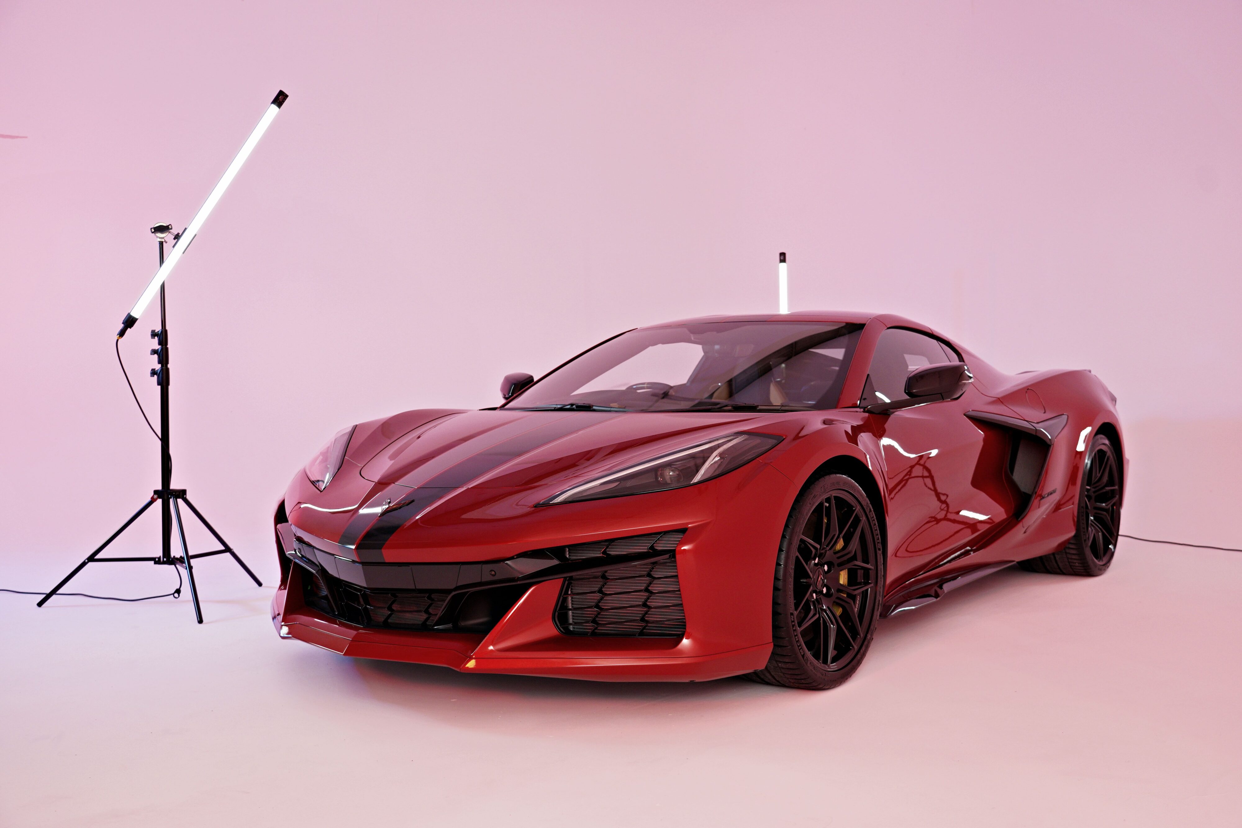 Front three quarters view of a Metallic Red 2023 GMSV Corvette Z06 sportscar