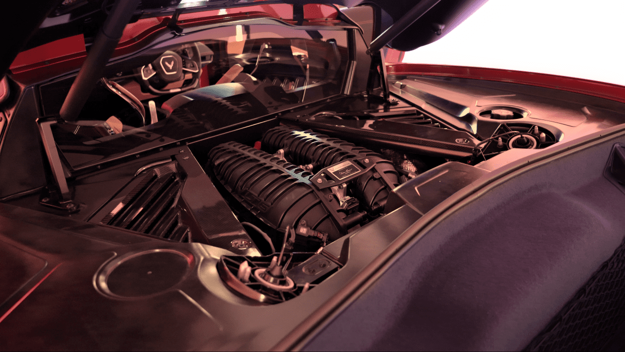 Close up of the 5.5L flat plane crank engine mounted in the middle of the new Corvette Z06