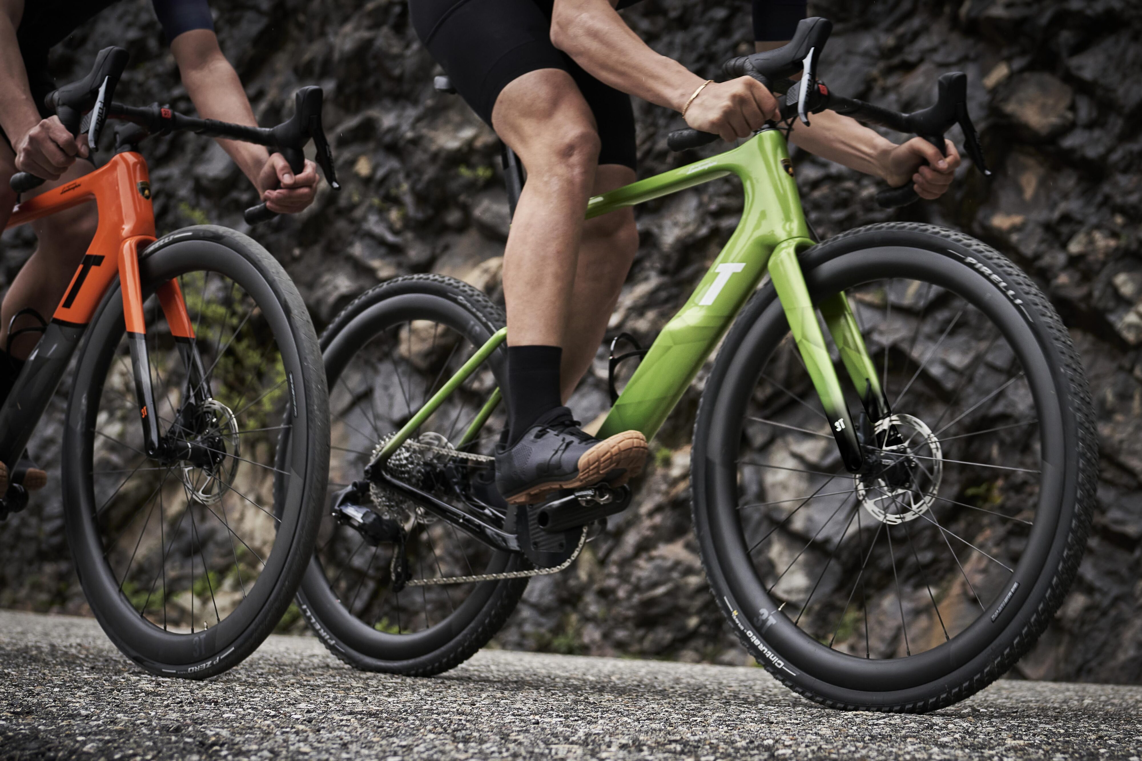 A close-up shot of a Lamborghini and 3T bicycle in green